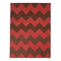 Red And Brown Chevron Dhurrie Cotton Rug - 10' X 14'6"