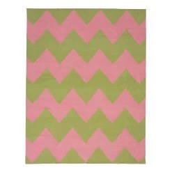 Pink And Green Chevron Dhurrie Cotton Rug - 8'10" X 11'10"