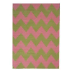 Pink And Green Chevron Cotton Rug - 10' X 14'