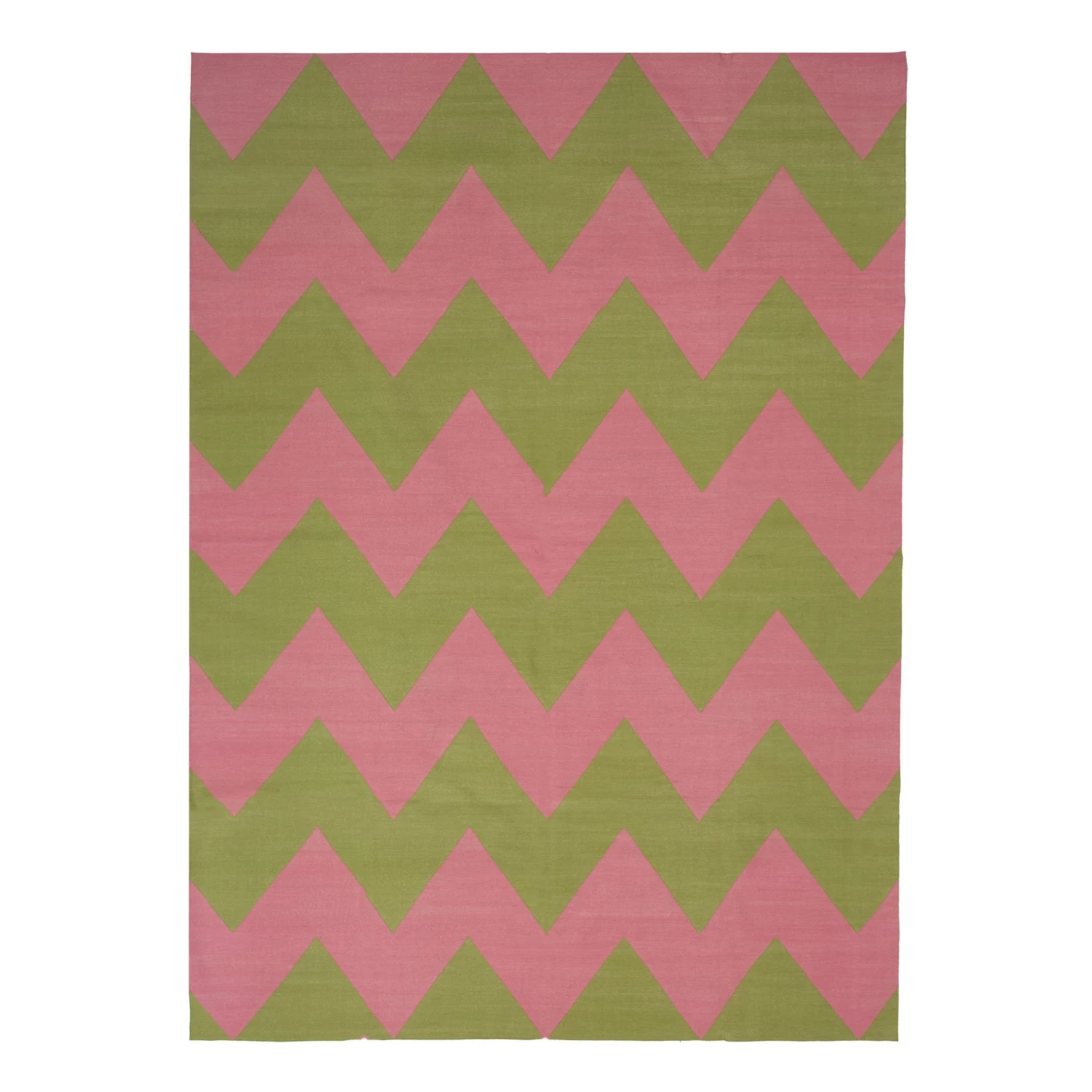 Pink And Green Chevron Cotton Rug - 10' X 14' 3 Pink And Green Chevron Cotton Rug - 10' X 14'