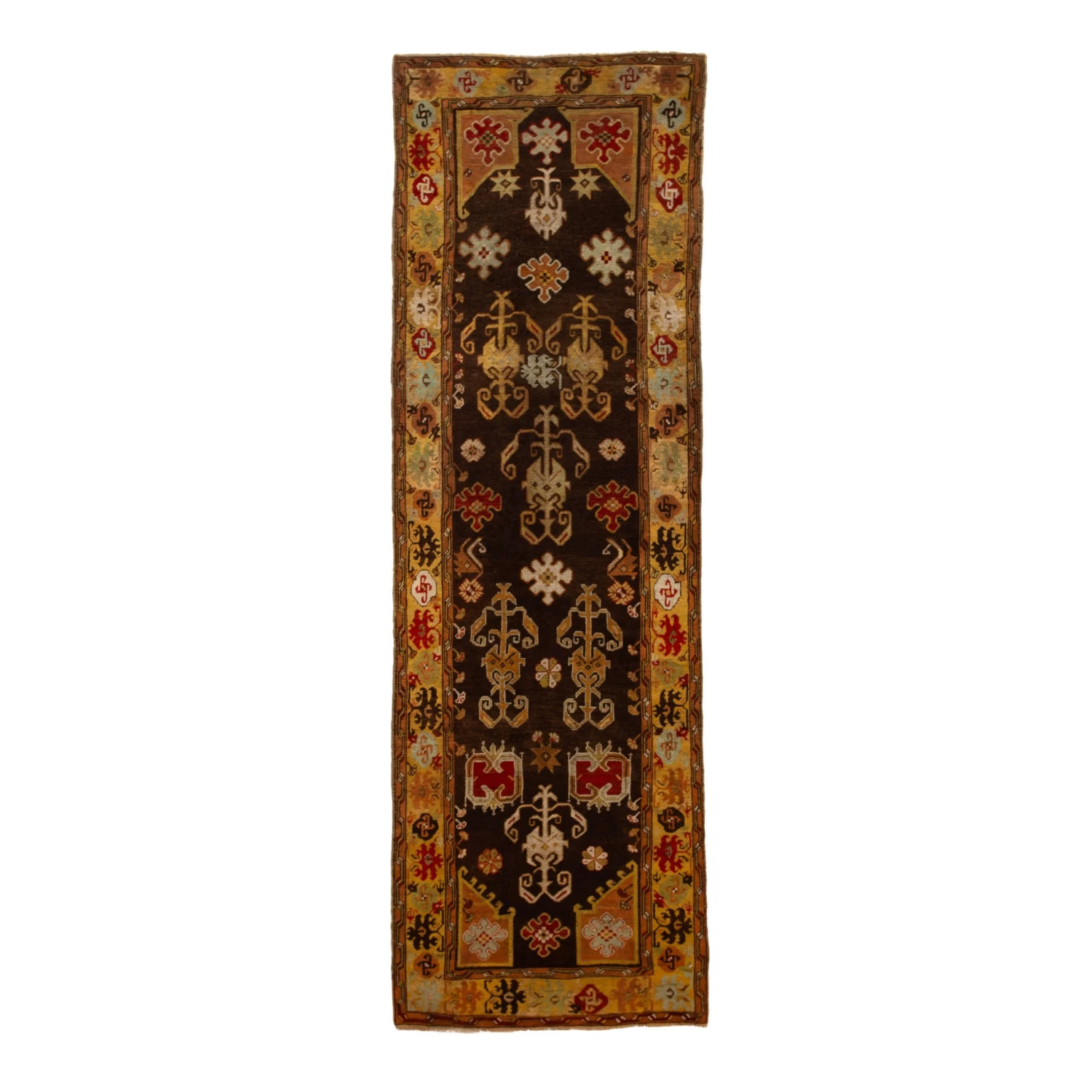Brown Vintage Traditional Wool Rug - 3'10" X 12' 3 Brown Vintage Traditional Wool Rug - 3'10" X 12'