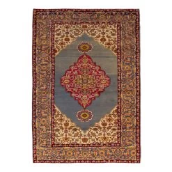 Beige And Blue Vintage Traditional Anatolian Wool Rug - 3'11" X 5'10"