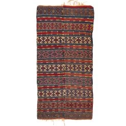 Blue And Red Vintage Turkish Kilim Rug - 4'9" X 10'10"