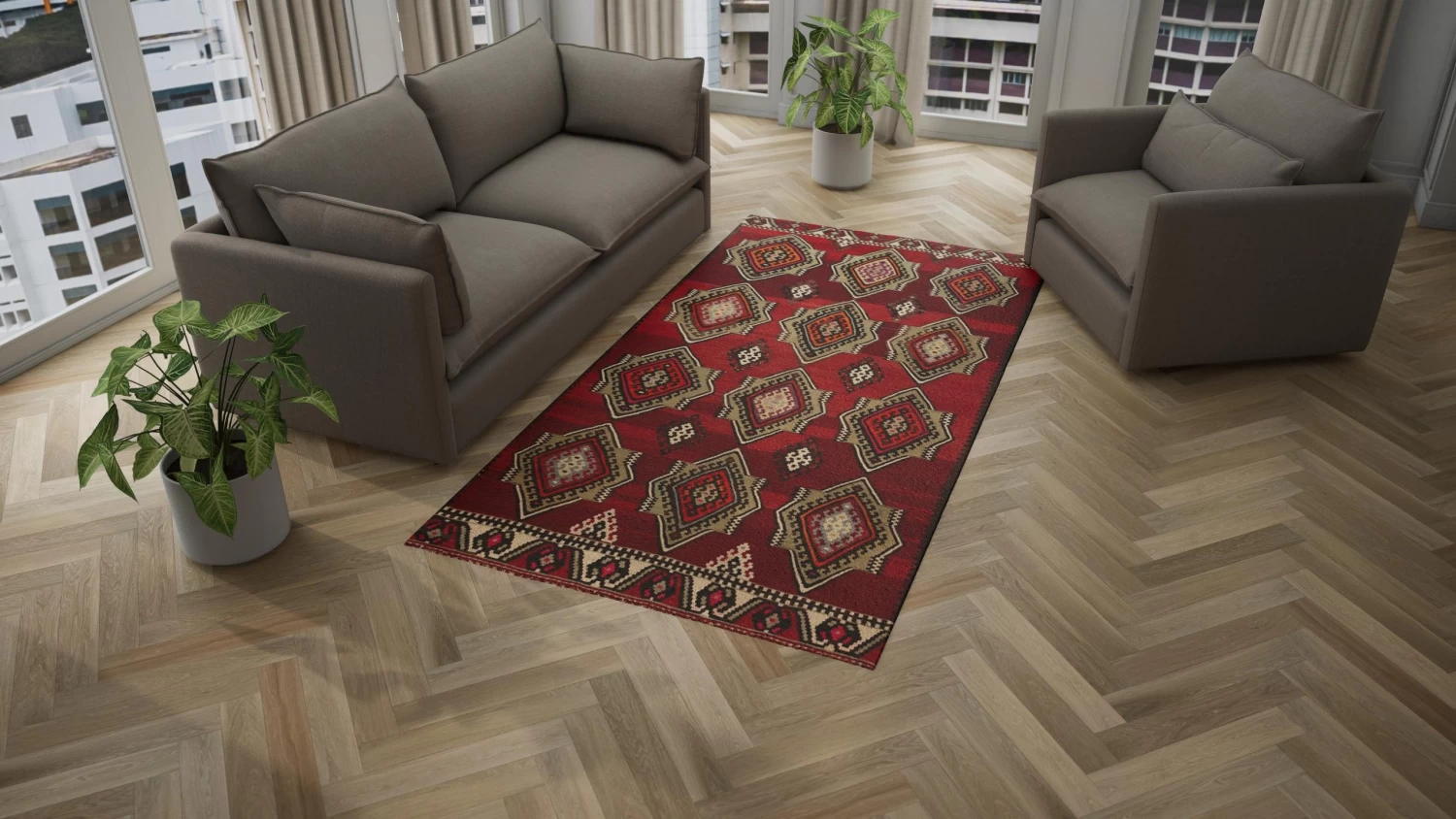 Red Red Vintage Traditional Turksih Wool Rug - 5'7" X 10' 5 Red Red Vintage Traditional Turksih Wool Rug - 5'7" X 10' - Image 3