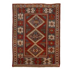 Red And Blue Vintage Traditional Anatolian Wool Rug - 3'8" X 4'9"
