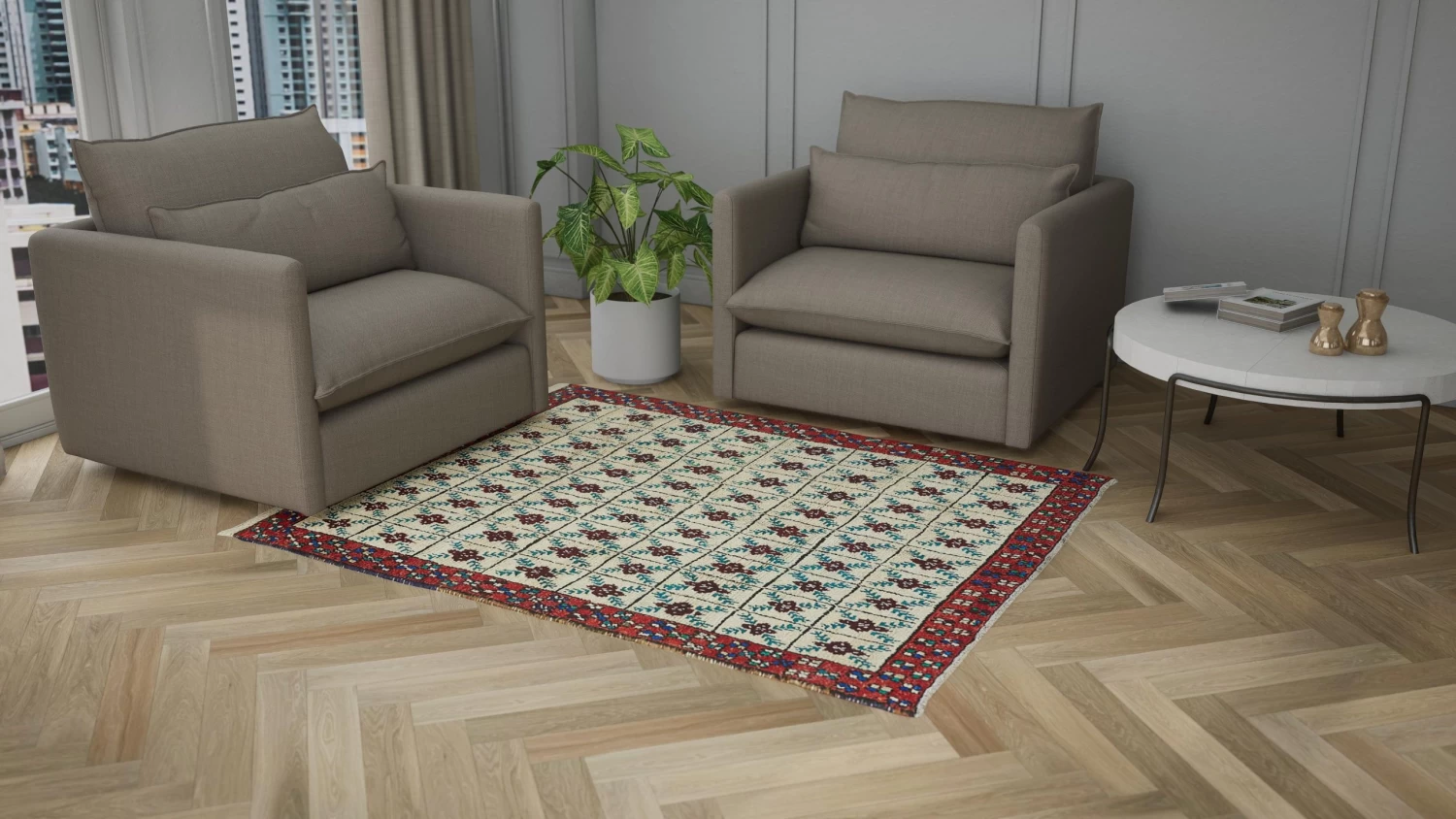 Ivory And Red Vintage Traditional Wool Rug - 5'3" X 6'7" 7 Ivory And Red Vintage Traditional Wool Rug - 5'3" X 6'7" - Image 5