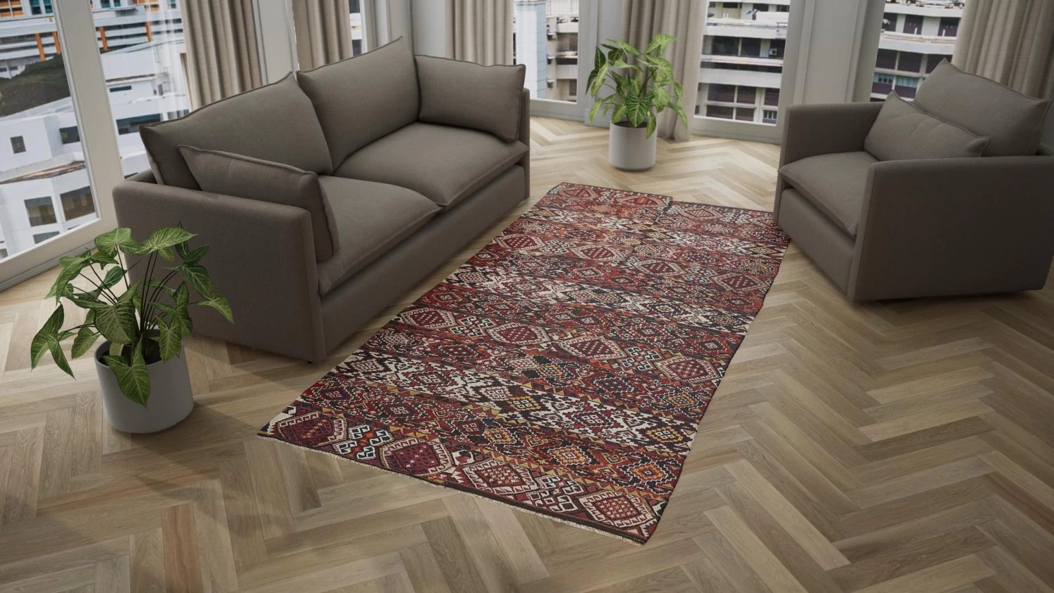 Red Vintage Wool Kilim Rug - 5'4"x 10'9" 5 Red Vintage Wool Kilim Rug - 5'4"x 10'9" - Image 3