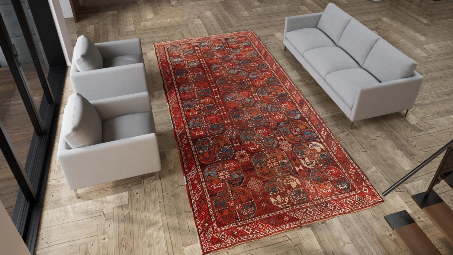 Red Antique Tribal Uzbek Rug - 6'7" X 13'8" 5 Red Antique Tribal Uzbek Rug - 6'7" X 13'8" - Image 3