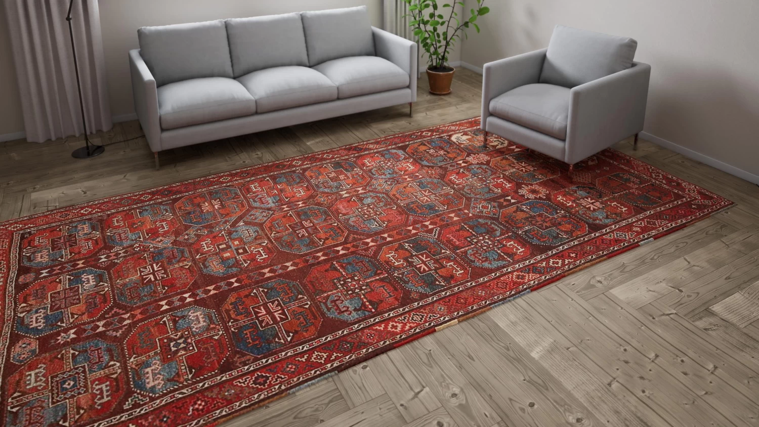 Red Antique Tribal Uzbek Rug - 6'7" X 13'8" 6 Red Antique Tribal Uzbek Rug - 6'7" X 13'8" - Image 4