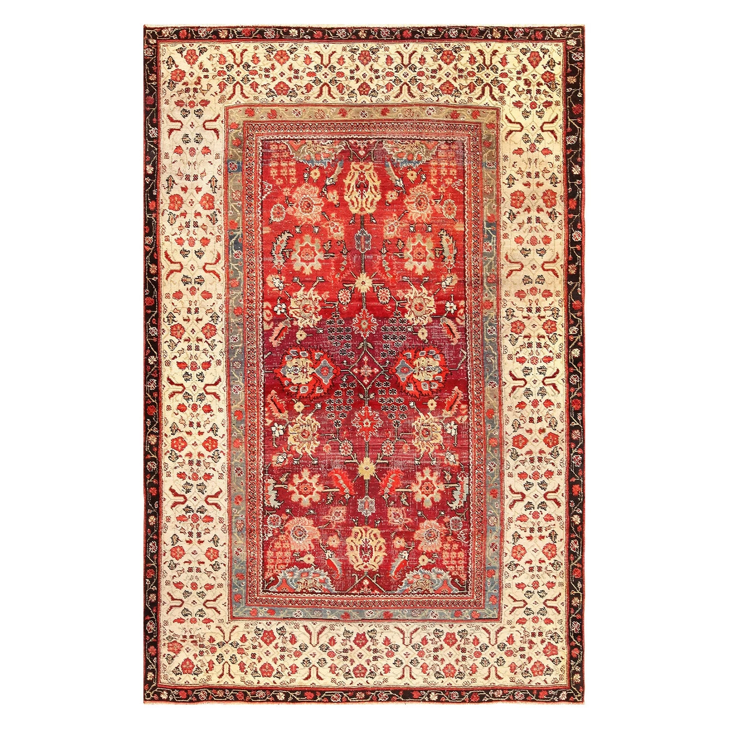 Red And Ivory Antique Indian Agra Rug - 6'0" X 8'9" 3 Red And Ivory Antique Indian Agra Rug - 6'0" X 8'9"