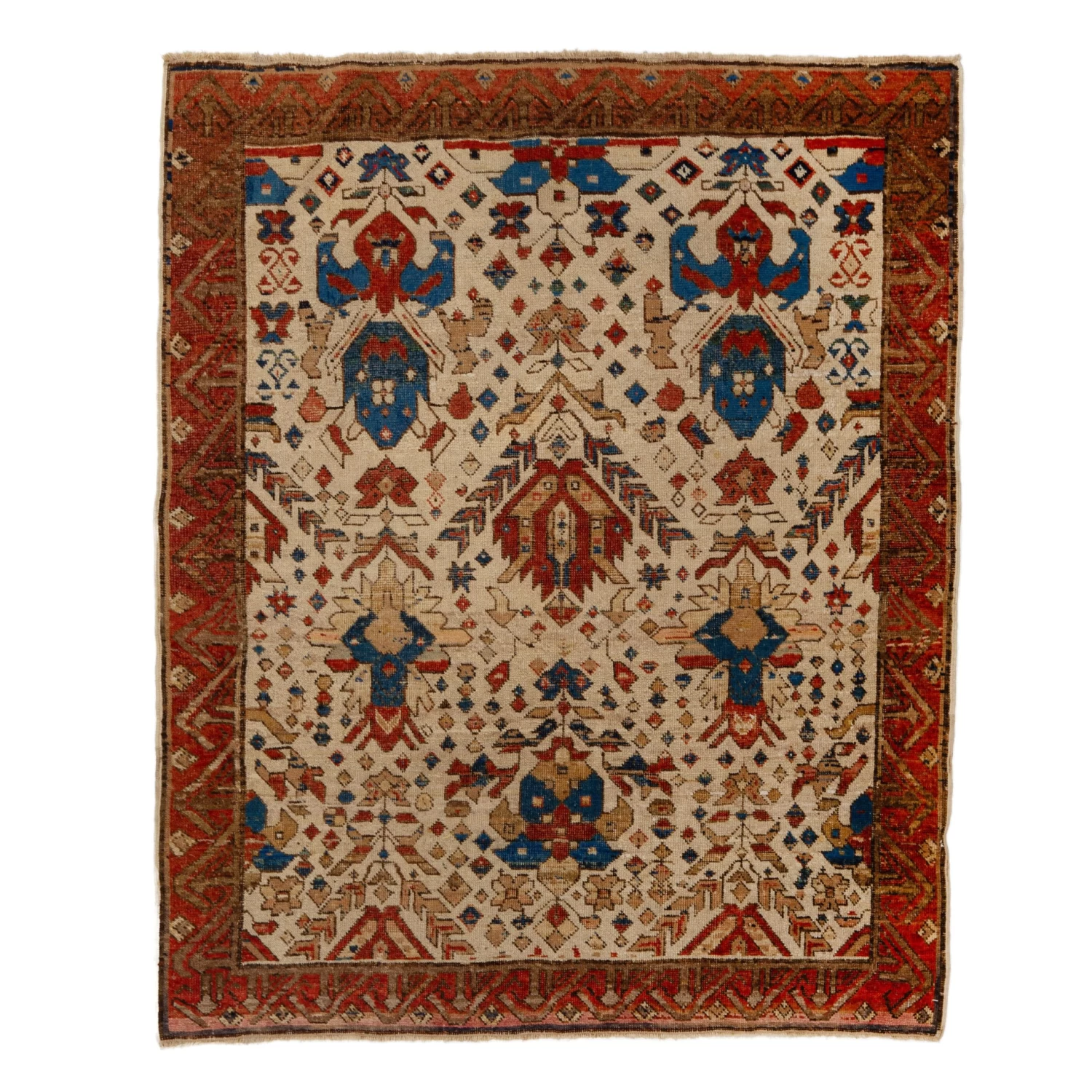 Ivory And Red Antique Karabagh Rug - 4'3" X 5'3" 3 Ivory And Red Antique Karabagh Rug - 4'3" X 5'3"
