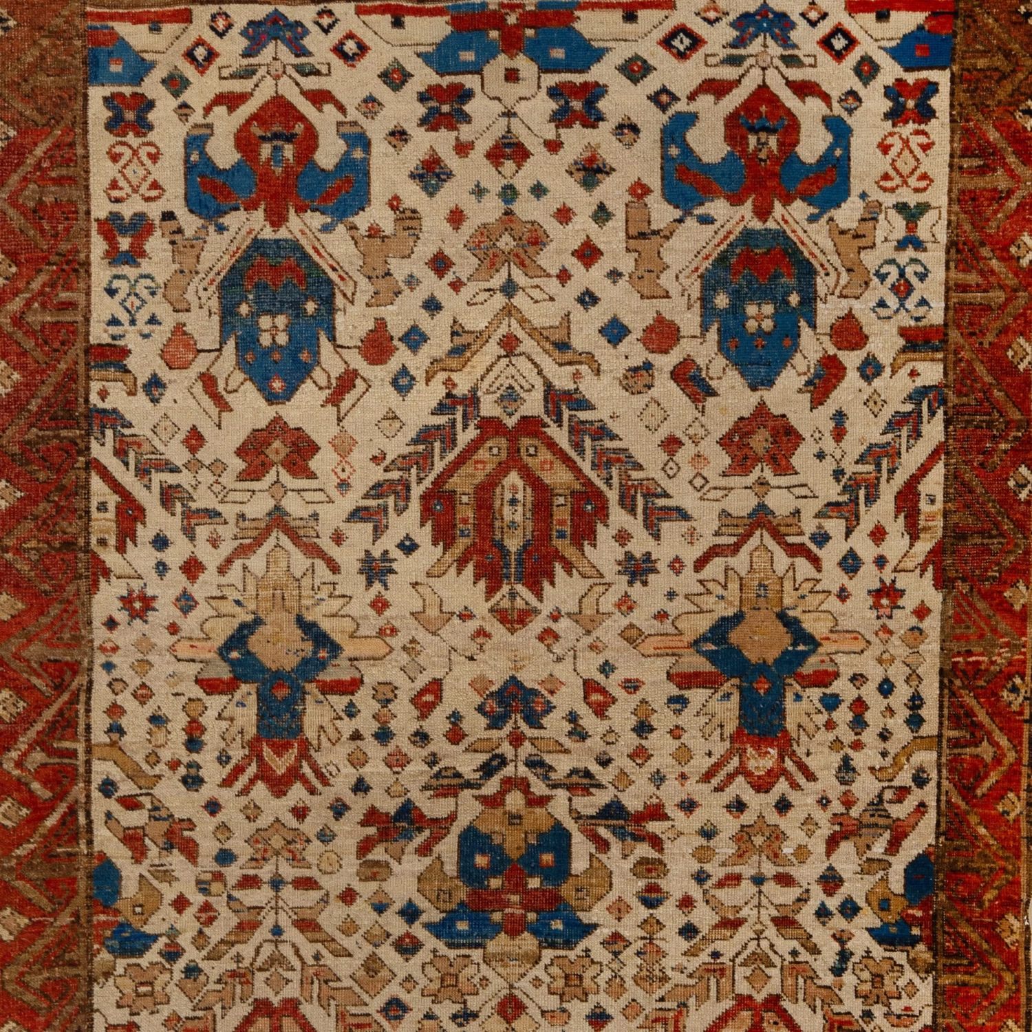 Ivory And Red Antique Karabagh Rug - 4'3" X 5'3" 4 Ivory And Red Antique Karabagh Rug - 4'3" X 5'3" - Image 2