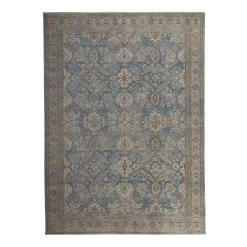 Blue And Taupe Distressed Traditional Wool Rug - 10'x14'