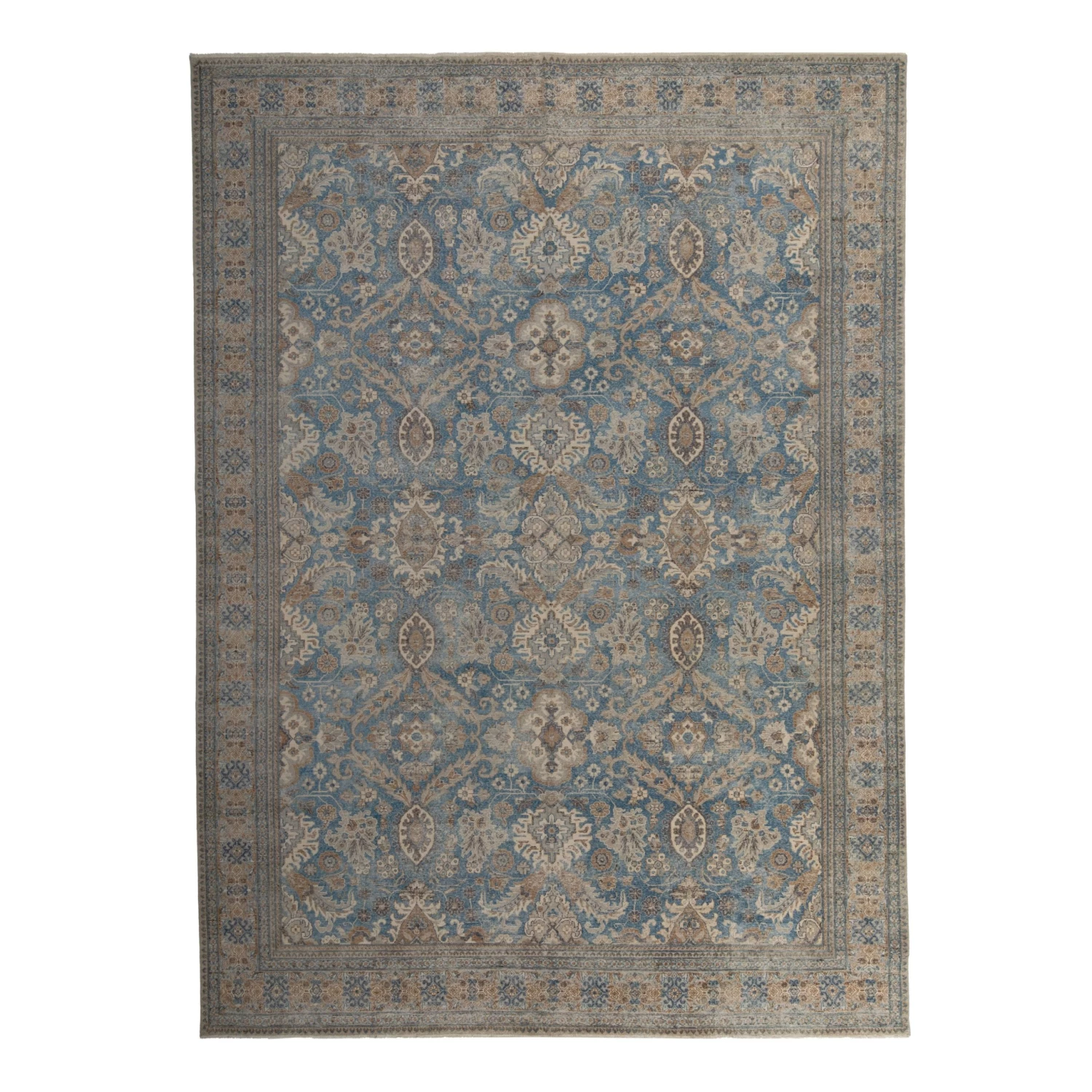 Blue And Taupe Distressed Traditional Wool Rug - 10'x14' 3 Blue And Taupe Distressed Traditional Wool Rug - 10'x14'