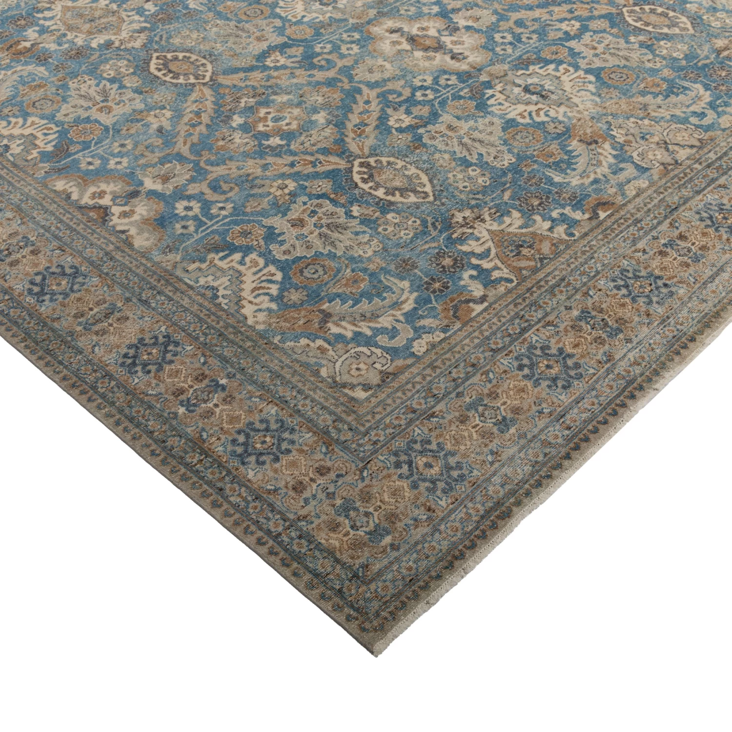 Blue And Taupe Distressed Traditional Wool Rug - 10'x14' 5 Blue And Taupe Distressed Traditional Wool Rug - 10'x14' - Image 3