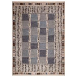 Blue Geometric Swedish Style Wool Kilim Rug - 10'2" X 14'