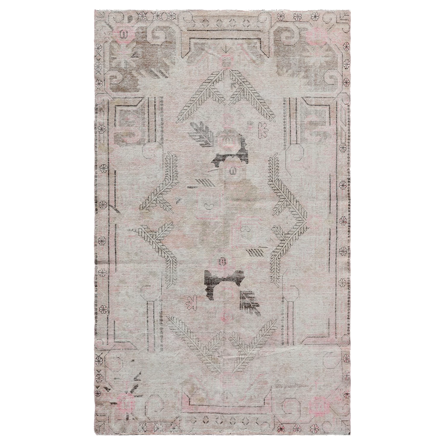 Beige And Pink Vintage Wool Cotton Blend Rug - 5'5" X 9'1" 3 Beige And Pink Vintage Wool Cotton Blend Rug - 5'5" X 9'1"