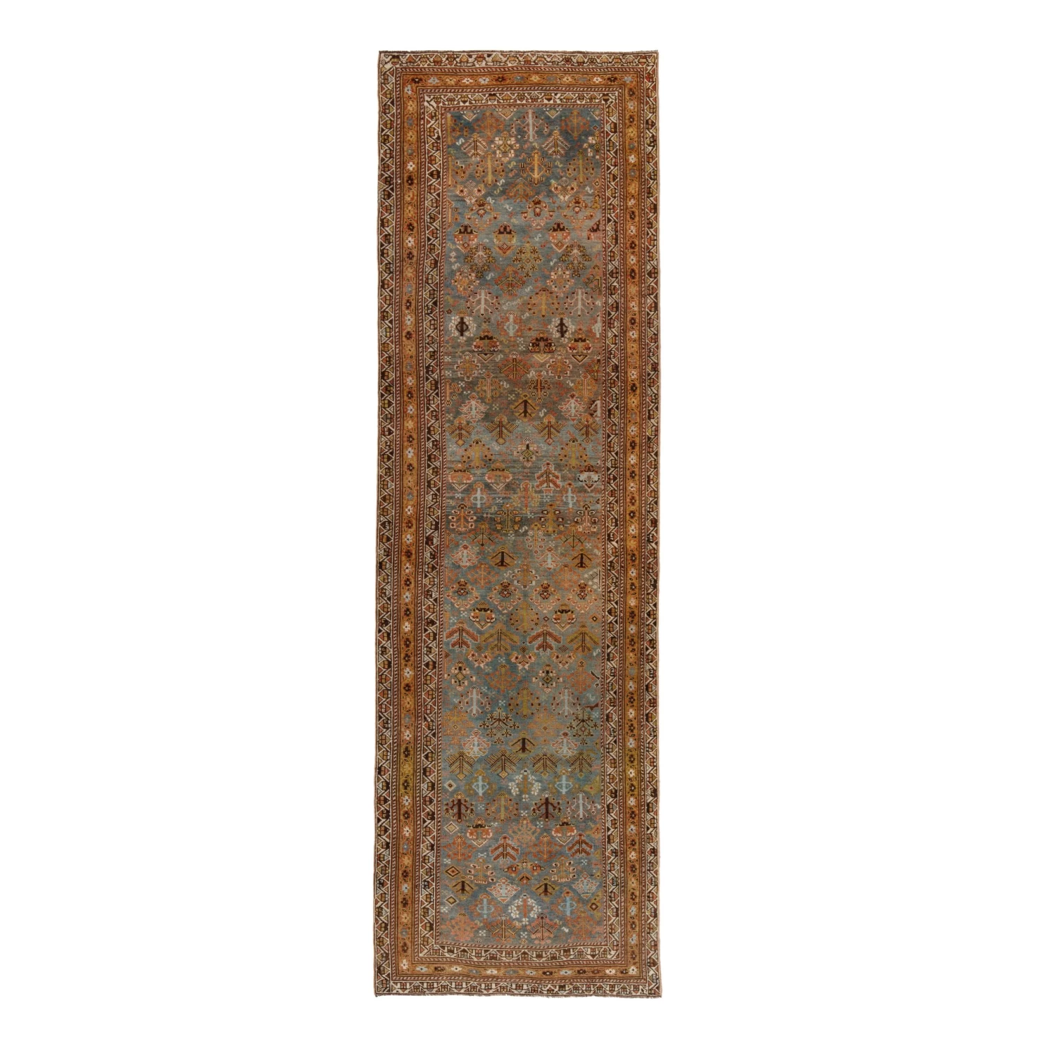 Light Blue And Orange Vintage Traditional Ghabhgaie Wool Rug - 3'4" X 11'1" 3 Light Blue And Orange Vintage Traditional Ghabhgaie Wool Rug - 3'4" X 11'1"