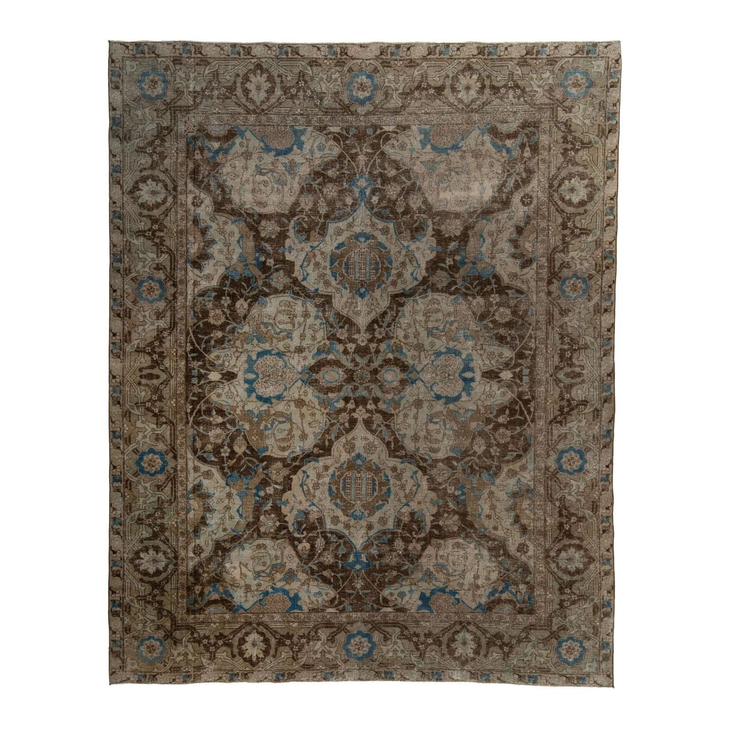 Brown And Blue Antique Traditional Tabriz Rug -9' X 11'5" 3 Brown And Blue Antique Traditional Tabriz Rug -9' X 11'5"