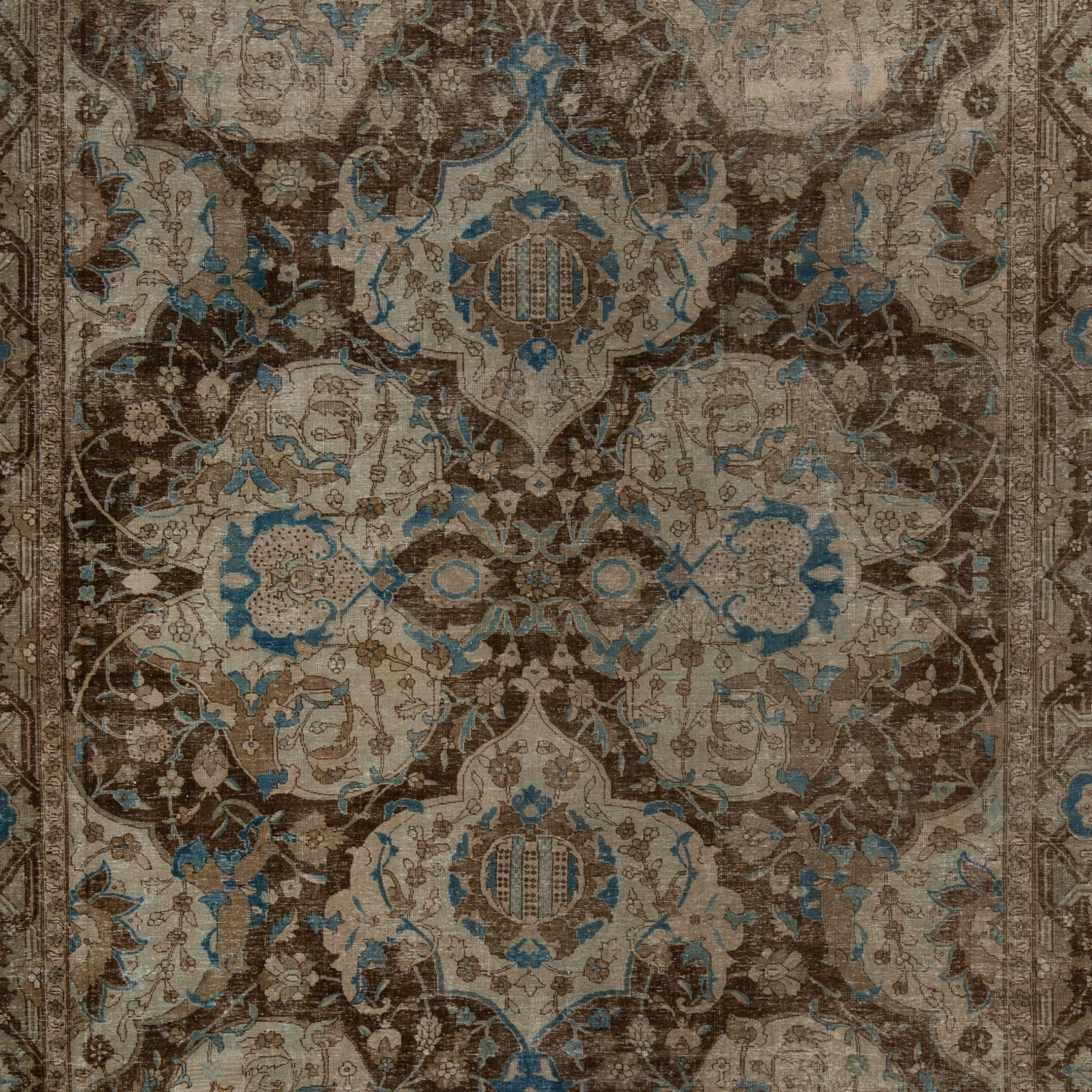 Brown And Blue Antique Traditional Tabriz Rug -9' X 11'5" 4 Brown And Blue Antique Traditional Tabriz Rug -9' X 11'5" - Image 2